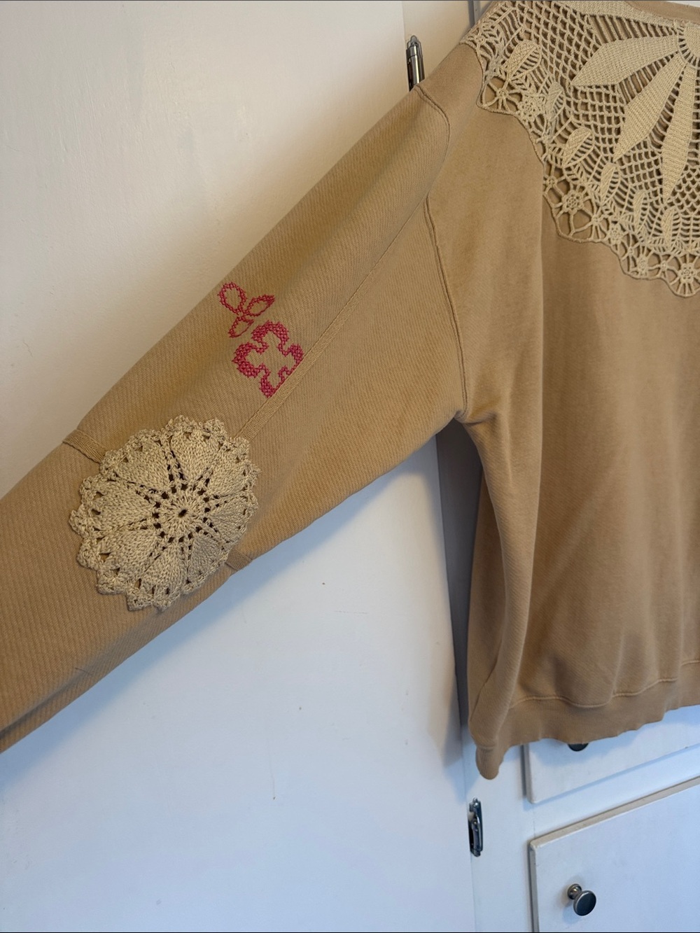 Free People Beige Embroidered Crochet Accent Crewneck Sweater - Picture 3 of 6